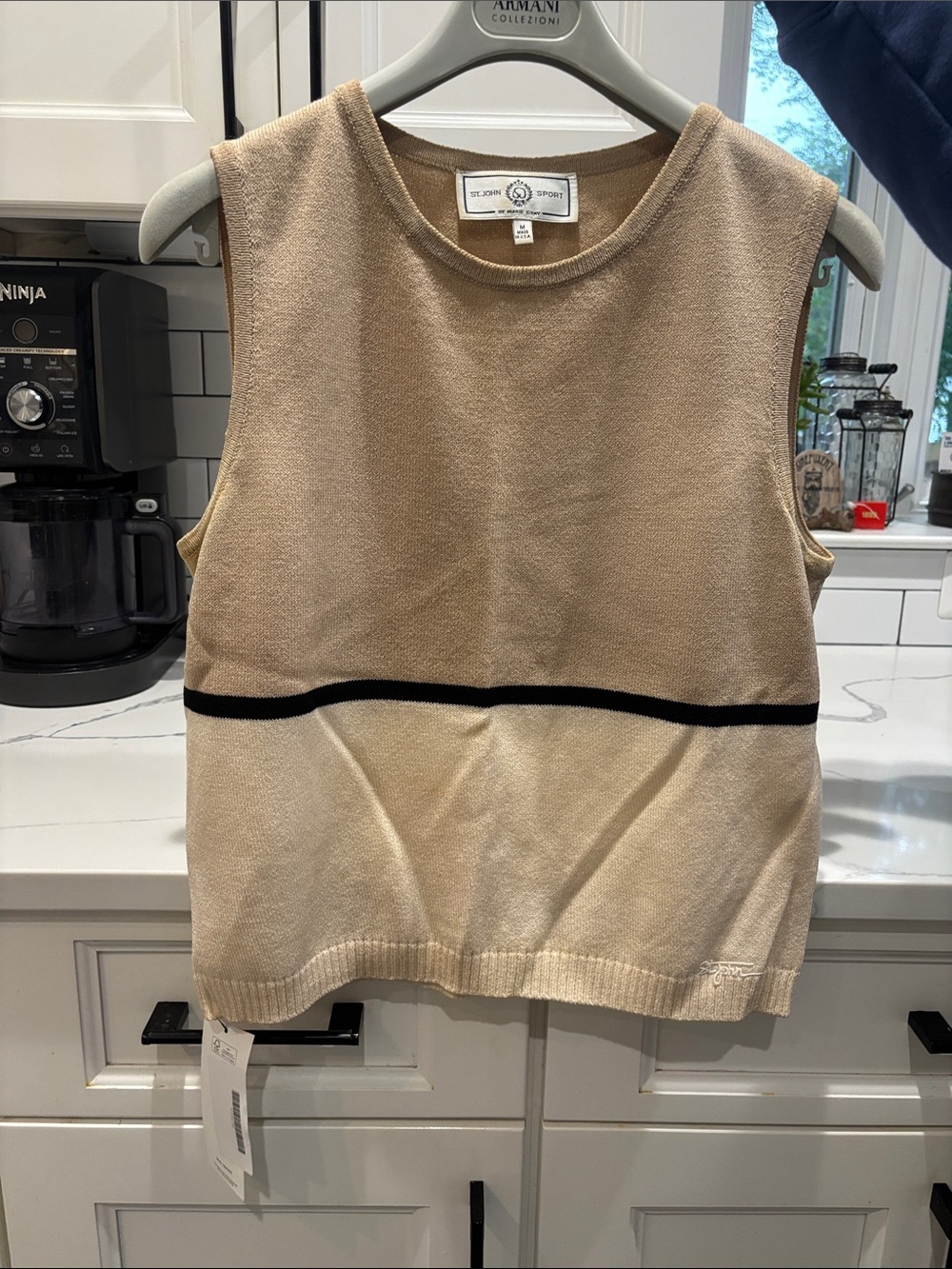 St John Sport Sleeveless Crewneck Knit Top in Beige with Black Stripe